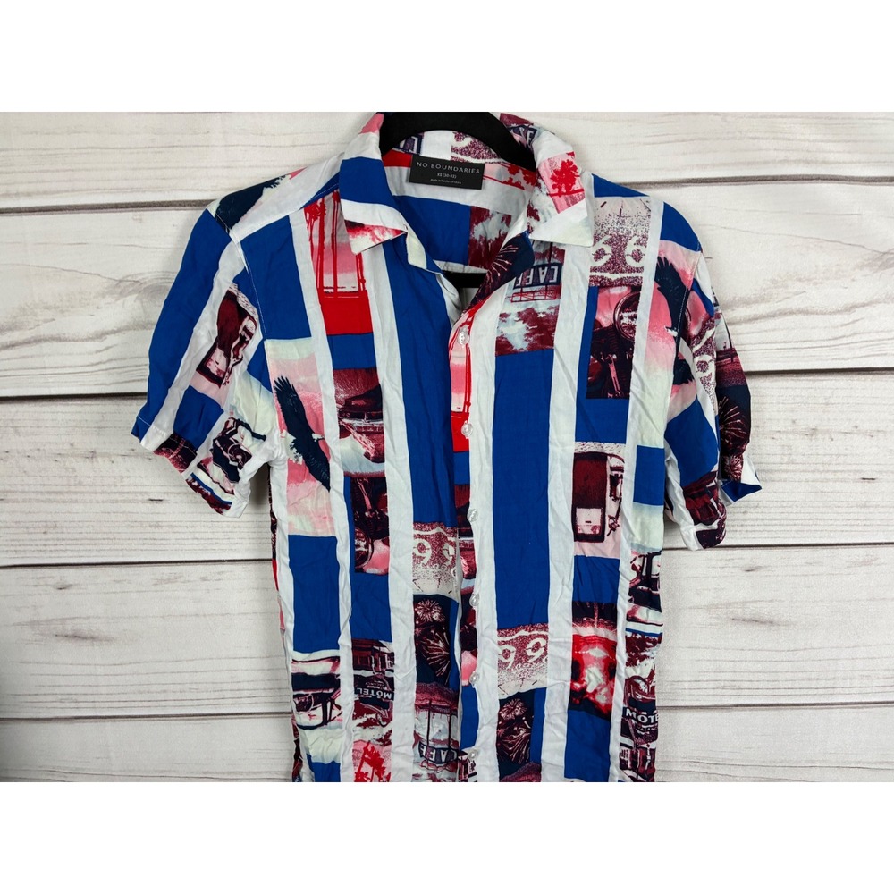 No Boundaries Mens Americana Eagle Motel Collage Stripe Button Up Shirt Blue XS - Picture 5 of 12